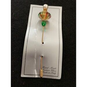 Murano Glass Italy Stick Pin Green & Gold w/ Faux Pearl Bead Crown